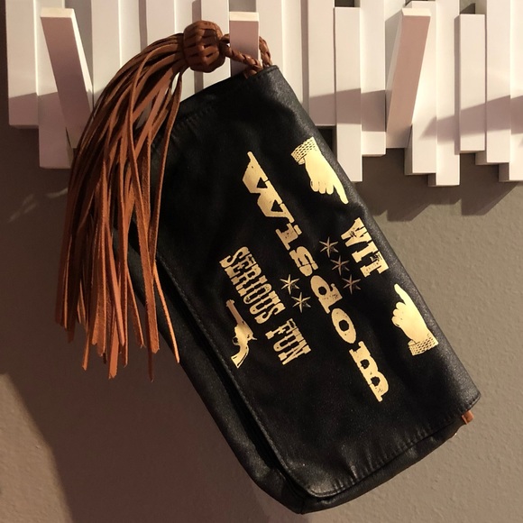 Whimsical Jessica Kagan Cushman black designer clutch with leather fringe detail - Picture 2 of 9